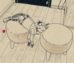 Rule 34 | 1girl, cat, closed eyes, collar, door, fingerless gloves, footstool, from above, gloves, lying, minawa108, ms. fortune (skullgirls), neck bell, ottoman, photo-referenced, scar, sepia, skullgirls, sleeping, solo, stool