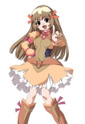 Rule 34 | 00s, 1girl, boots, brown footwear, brown hair, duplicate, fang, hair ribbon, hat, head tilt, index finger raised, knee boots, looking at viewer, open mouth, re mii, ribbon, simple background, solo, standing, thighhighs, tooth, white background, zettai ryouiki, zoids, zoids genesis