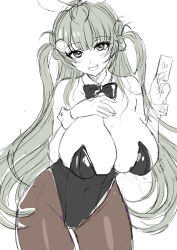 Rule 34 | 1girl, :d, animal ears, antenna hair, black bow, black bowtie, black leotard, blush, bowtie, breasts, brown pantyhose, detached collar, fake animal ears, goddess of victory: nikke, green hair, hand on own chest, heart antenna hair, highleg, highleg leotard, holding, huge breasts, leotard, long hair, mole, mole on breast, open mouth, pantyhose, playboy bunny, rabbit ears, smile, soda (nikke), soda (twinkling bunny) (nikke), solo, strapless, strapless leotard, tara (szzj7733), twintails, wrist cuffs