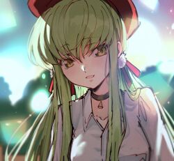 Rule 34 | 1girl, blurry, blurry background, blush, c.c., code geass, collarbone, creayus, food, green hair, long bangs, long hair, looking at viewer, open mouth, pizza, red headwear, shirt, smile, solo, white shirt, yellow eyes