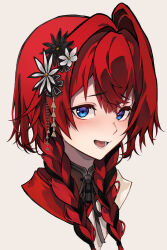 1girl absurdres akechi_(akechi_5416) ange_katrina ange_katrina_(new_year) black_flower black_hair blue_eyes blush braid commentary_request cropped_shoulders flower grey_background hair_flower hair_ornament highres looking_at_viewer low_twin_braids lower_teeth_only multicolored_hair nijisanji open_mouth raised_eyebrows red_hair simple_background single_hair_intake smile solo streaked_hair teeth three_quarter_view twin_braids two-tone_hair virtual_youtuber white_flower