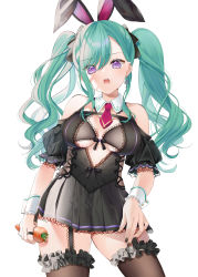 Rule 34 | 1girl, absurdres, animal ears, bare shoulders, black bow, black bra, black choker, black dress, black nails, bow, bra, breasts, brown thighhighs, carrot, center opening, character name, choker, contrapposto, cowboy shot, cross-laced slit, detached collar, dress, earrings, fake animal ears, frilled bra, frilled thighhighs, frills, garter straps, green hair, hair bow, highres, holding, holding carrot, jewelry, large breasts, long hair, looking at viewer, mole, mole on breast, mole on thigh, nail polish, necktie, off-shoulder dress, off shoulder, pleated dress, pome charo, puffy short sleeves, puffy sleeves, purple eyes, rabbit ears, red necktie, short dress, short necktie, short sleeves, simple background, single earring, solo, swept bangs, symbol-shaped pupils, thighhighs, twintails, underboob, underwear, virtual youtuber, vspo!, white background, wrist cuffs, yakumo beni, yakumo beni (2nd costume), zettai ryouiki
