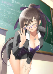Rule 34 | 1girl, adjusting eyewear, bent over, bespectacled, bra, breasts, brown eyes, brown hair, business suit, chalkboard, classroom, cleavage, collarbone, earrings, formal, glasses, hair ribbon, hand on own thigh, highres, indoors, jewelry, lace, lace bra, large breasts, leaning forward, long hair, looking at viewer, looking over eyewear, maxima sakuya enfield, necklace, one eye closed, pendant, pinstripe pattern, pinstripe suit, ponytail, purple bra, ribbon, school, shining (series), shining blade, skirt, skirt set, smile, solo, striped, suit, tony taka, underwear, very long hair