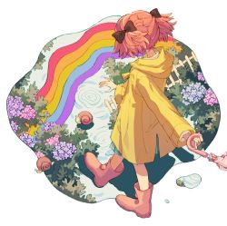 Rule 34 | 1girl, boots, bow, brown bow, bush, closed umbrella, fence, flower, from behind, hair bow, hair ornament, hand up, holding, holding umbrella, hood, hood down, hydrangea, ka (marukogedago), long sleeves, original, outdoors, pink footwear, pink hair, pocket, puddle, rainbow, raincoat, reflection, ripples, rubber boots, short hair, short twintails, snail, solo, twintails, umbrella, walking, water, white background