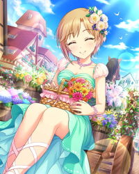 Rule 34 | 10s, 1girl, aiba yumi, artist request, basket, blonde hair, blue sky, blush, bracelet, breasts, chariot, closed eyes, cloud, collarbone, day, dress, facing viewer, flower, hair flower, hair ornament, horse, house, idolmaster, idolmaster cinderella girls, jewelry, medium breasts, necklace, official art, puffy short sleeves, puffy sleeves, short hair, short sleeves, sitting, sky, smile, solo, sunlight