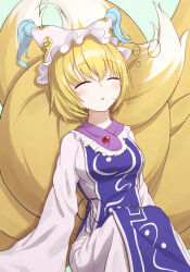 Rule 34 | 1girl, absurdres, animal ears, animal hat, beckody, blonde hair, blush, closed eyes, commentary request, dress, fox ears, fox tail, hat, highres, long sleeves, mob cap, multiple tails, open mouth, purple tabard, short hair, sleeping, solo, tabard, tail, touhou, yakumo ran