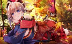 Rule 34 | 1girl, autumn leaves, bird, blue eyes, blush, breasts, detached sleeves, earrings, eurasian tree sparrow, fate/grand order, fate (series), hair ornament, hirai yuzuki, japanese clothes, jewelry, kimono, large breasts, leaf, looking at viewer, lying, maple leaf, miyamoto musashi (fate), miyamoto musashi (third ascension) (fate), ponytail, sash, smile, solo, sparrow, thighhighs