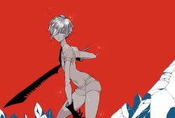 Rule 34 | 1other, androgynous, antarcticite, gem uniform (houseki no kuni), gloves, grey eyes, hair over one eye, houseki no kuni, ice, long bangs, looking at viewer, mamaloni, necktie, red background, short hair, solo, sparkle, sword, weapon, white eyes, white hair