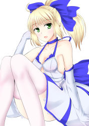 Rule 34 | 1girl, absurdres, arm support, armpits, artoria pendragon (all), artoria pendragon (fate), bad id, bad pixiv id, bare shoulders, blonde hair, blue ribbon, blush, breasts, cleavage, cleavage cutout, clothing cutout, elbow gloves, fate/stay night, fate (series), gloves, green eyes, highres, official alternate costume, official alternate hairstyle, open mouth, pink thighhighs, ponytail, ribbon, saber (fate), saber (pure night dress) (fate), shikong, smile, solo, thighhighs, underboob, underboob cutout, white background