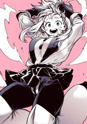 Rule 34 | 1girl, arms up, blue stripes, bodysuit, boku no hero academia, breasts, highres, looking at viewer, medium breasts, monochrome, open mouth, pink background, short hair, skirt, smile, solo, symbol-only commentary, takatsuki ichi, teeth, uraraka ochako