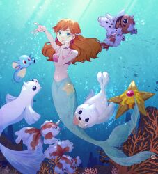Rule 34 | 1girl, absurdres, air bubble, blue eyes, blue tail, breasts, bubble, coral, creatures (company), dewgong, earrings, game freak, gen 1 pokemon, goldeen, green eyes, green tail, hair ornament, highres, horsea, jewelry, koala-bears, long hair, looking at viewer, mermaid, mermaid costume, mermaid misty (pokemon), misty (pokemon), monster girl, navel, necklace, nintendo, orange hair, pokemon, pokemon (anime), pokemon (classic anime), pokemon (creature), seaking, seashell, seel, shell, shell bikini, shell casing, small breasts, staryu, underwater, water
