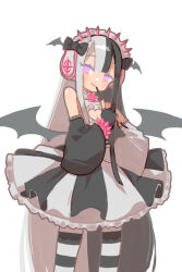 Rule 34 | 1girl, bare shoulders, beatmania, beatmania iidx, black dress, black gloves, black hair, black nails, black sleeves, black wings, blush, breasts, detached sleeves, dress, fingerless gloves, fingernails, gloves, grey hair, head wings, highres, long fingernails, long hair, looking at viewer, multicolored clothes, multicolored dress, multicolored hair, nail polish, open mouth, pink eyes, sharp fingernails, simple background, small breasts, smile, solar eclipse (bemani), solo, striped clothes, striped thighhighs, thighhighs, uewtsol, white background, white dress, white sleeves, wings