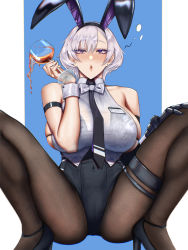 Rule 34 | 1girl, :o, alcohol, animal ears, ass, azur lane, bare shoulders, bikini, bikini under clothes, black pantyhose, blouse, bow, bra visible through clothes, breasts, cup, drinking glass, drunk, fake animal ears, gloves, high heels, highres, hihizaru badass, large breasts, leotard, looking at viewer, necktie, official alternate costume, pantyhose, playboy bunny, purple eyes, rabbit ears, reno (azur lane), reno (reno bunnino) (azur lane), see-through, see-through shirt, shirt, silver hair, sleeveless, sleeveless shirt, solo, spread legs, squatting, swimsuit, white shirt