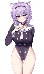 Rule 34 | 1girl, :3, absurdres, ahoge, animal ears, blush, breasts, cat ears, cat girl, closed mouth, collar, collarbone, hairband, highres, hololive, large breasts, leotard, long sleeves, looking at viewer, metaljelly, nekomata okayu, purple eyes, purple hair, short hair, simple background, solo, virtual youtuber, white background