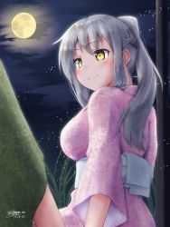 Rule 34 | 1girl, artist name, bad id, bad pixiv id, braid, breasts, commentary request, dated, flower knight girl, ginryousou (flower knight girl), grey hair, hair between eyes, highres, japanese clothes, kimono, large breasts, long hair, looking at another, moon, night, outdoors, pink kimono, ponytail, smile, solo focus, yellow eyes, yukinoshiro