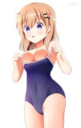 Rule 34 | 1girl, bandaid, bandaids on nipples, blue one-piece swimsuit, breasts, cleavage, clothes pull, commentary request, competition school swimsuit, cowboy shot, gochuumon wa usagi desu ka?, hair ornament, hairclip, highres, hoto cocoa, inakami, medium breasts, one-piece swimsuit, one-piece swimsuit pull, orange hair, pasties, purple eyes, school swimsuit, short hair, simple background, solo, standing, swimsuit, translation request, white background