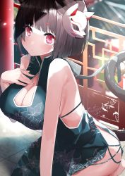 Rule 34 | 1girl, absurdres, animal ear fluff, animal ears, azur lane, bare shoulders, bell, black hair, blue dress, blush, breasts, cat ears, cat tail, china dress, chinese clothes, cleavage, cleavage cutout, clothing cutout, commentary request, cotton kanzaki, dress, floral print, hand on own chest, highres, jingle bell, large breasts, mask, mask on head, parted lips, red eyes, short hair, sitting, sleeveless, sleeveless dress, solo, tail, tail bell, tail ornament, thick eyebrows, yamashiro (azur lane)