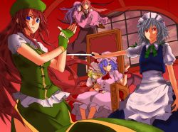 Rule 34 | 6+girls, adjusting clothes, adjusting gloves, apron, arm grab, arm rest, bad id, bad pixiv id, bat wings, blonde hair, blue eyes, blue hair, bow, braid, carrying, ceiling, derivative work, female focus, fingerless gloves, flandre scarlet, flying, frown, gloves, hair bow, hat, head wings, highres, himeco, hong meiling, izayoi sakuya, knife, koakuma, light smile, long hair, looking at viewer, maid headdress, mob cap, multiple girls, necktie, outstretched arm, parted lips, patchouli knowledge, princess carry, puffy short sleeves, puffy sleeves, purple hair, purple sky, red eyes, red hair, remilia scarlet, short hair, short sleeves, silver hair, skirt, skirt set, sky, sleeping, throne, toromera, touhou, twin braids, vest, waist apron, window, wings, wrist cuffs