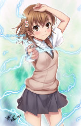 Rule 34 | 1girl, action, aiming, aiming at viewer, arm up, attack, blush, breasts, brown eyes, brown hair, brown sweater, brown sweater vest, brown vest, coin, cowboy shot, dress shirt, electricity, electrokinesis, fantasy, feet out of frame, female focus, grey skirt, hair between eyes, hand on own head, hand up, holding, holding coin, incoming attack, isshi pyuma, light blush, looking at viewer, making-of available, medium hair, miniskirt, misaka mikoto, outstretched arm, pleated skirt, psychic, railgun, school uniform, science fiction, shirt, short hair, short shorts, short sleeves, shorts, shorts under skirt, signature, skirt, small breasts, solo, sweater, sweater vest, t-shirt, thighs, toaru kagaku no railgun, toaru majutsu no index, tokiwadai school uniform, twitter username, vest, white background, white shirt