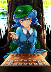 Rule 34 | 1girl, backpack, bag, beckoning, between breasts, blue eyes, blue hair, board game, breasts, female focus, gesture, grass, hair bobbles, hair ornament, hat, indian style, kawashiro nitori, key, long sleeves, looking at viewer, matching hair/eyes, ninamo, short hair, short twintails, shogi, sitting, skirt, skirt set, smile, solo, touhou, tree, twintails, two side up, water