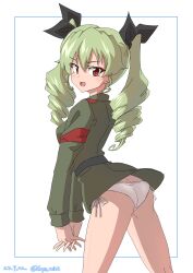 Rule 34 | 1girl, absurdres, anchovy (girls und panzer), anzio military uniform, ass, blush, breasts, brown eyes, drill hair, drops mint, girls und panzer, green hair, hair ribbon, highres, large breasts, long hair, looking at viewer, military uniform, open mouth, panties, ribbon, side-tie panties, simple background, smile, solo, twin drills, twintails, underwear, uniform, white background, white panties