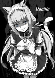 Rule 34 | 1girl, animal ears, apron, bell, blue eyes, bow, breasts, cat ears, cat tail, character name, ebiblue, gesugao, greyscale, grin, long hair, looking at viewer, monochrome, nekopara, puffy short sleeves, puffy sleeves, ribbon, shaded face, short sleeves, slit pupils, small breasts, smile, solo, spot color, tail, thighhighs, twintails, vanilla (nekopara), very long hair, waitress