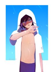 Rule 34 | 1boy, :q, artist name, blue background, blue sky, collarbone, commentary request, danganronpa (series), danganronpa s: ultimate summer camp, danganronpa v3: killing harmony, foreshortening, hair between eyes, hand up, hood, hood up, hooded jacket, jacket, looking at viewer, male focus, male swimwear, nagi to (kennkenn), official alternate costume, oma kokichi, purple eyes, purple hair, purple male swimwear, purple swim trunks, short hair, short sleeves, sky, solo, swim trunks, swimsuit, tongue, tongue out, white background, white jacket