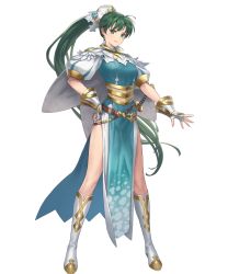 Rule 34 | 1girl, belt, boots, breasts, cape, cuboon, dress, earrings, feather trim, female focus, fingerless gloves, fire emblem, fire emblem: the blazing blade, fire emblem heroes, full body, gloves, green eyes, green hair, hair ornament, hand on own hip, highres, jewelry, knee boots, long hair, looking at viewer, lyn (fire emblem), matching hair/eyes, medium breasts, nintendo, official art, pelvic curtain, puffy short sleeves, puffy sleeves, short sleeves, smile, standing, striped, sword, transparent background, vertical stripes, very long hair, weapon