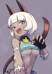 Rule 34 | 1girl, animal ears, bell, blunt bangs, bob cut, breasts, cat ears, cat girl, cat tail, crop top, dark-skinned female, dark skin, evil smile, fang, gazacy (dai), grey background, highres, jingle bell, looking at viewer, medium breasts, ms. fortune (skullgirls), navel, open mouth, scar, short hair, simple background, skullgirls, sleeveless, smile, solo, stomach, tail, tail raised, underboob, upper body, white hair
