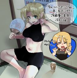 Rule 34 | 2girls, ahoge, arm up, bike shorts, blonde hair, blue background, breasts, calendar (object), closed eyes, cookie (touhou), corner, crack, cracked wall, cup, eyes visible through hair, fang, floral print, foot out of frame, glass, green eyes, hand fan, hand on own neck, highres, irasto, joker (cookie), kirisame marisa, medium breasts, midriff, mizuhashi parsee, multiple girls, navel, open mouth, paper fan, pointy ears, shadow, skin fang, speech bubble, sports bra, suzu (cookie), toshiba, touhou, translation request, window