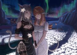 Rule 34 | 2girls, andonoz, animal ears, au ra, warrior of light (ff14), black dress, black gloves, black legwear, breasts, brown eyes, brown hair, cat ears, cat tail, cleavage, cleavage cutout, clothing cutout, cowboy shot, dragon horns, dragon tail, dress, final fantasy, final fantasy xiv, flower, gloves, green eyes, highres, holding hands, horns, jewelry, light brown hair, long hair, looking at another, medium breasts, miqo&#039;te, multiple girls, night, night sky, pendant, scales, shoulder cutout, side slit, sky, tail, thighhighs, white dress