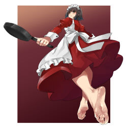Rule 34 | 1girl, apron, back, barefoot, blush, brown eyes, brown hair, dress, eiji (eiji), feet, foot focus, from behind, from below, frying pan, full body, gradient background, highres, holding, holding weapon, looking at viewer, looking back, maid, maid apron, maid headdress, multicolored hair, red dress, soles, solo, toes, weapon, white apron