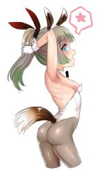 Rule 34 | 1girl, animal ears, areola slip, arm up, ass, black bow, black bowtie, blue eyes, blush, bow, bowtie, breasts, collar, cropped legs, detached collar, fang, gloves, gradient hair, green hair, grey hair, grey pantyhose, hairband, horse ears, horse girl, horse tail, leotard, multicolored hair, open mouth, original, pantyhose, profile, simple background, small breasts, solo, speech bubble, strapless, strapless leotard, tail, unname, white background, white collar, white gloves, white hairband, white pantyhose, wrist cuffs