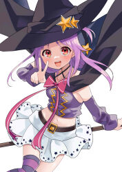 Rule 34 | 1girl, :d, absurdres, arm warmers, belt, black cape, black hat, blush, brown belt, cape, cloak, criss-cross halter, crop top, detached sleeves, halterneck, hat, hat ornament, highres, holding, long hair, looking at viewer, magia record: mahou shoujo madoka magica gaiden, magical girl, mahou shoujo madoka magica, mamadasky, midriff, miniskirt, misono karin, navel, open mouth, pink ribbon, pleated skirt, print skirt, purple hair, purple thighhighs, red eyes, ribbon, simple background, skirt, smile, solo, star (symbol), star hat ornament, star print, striped clothes, striped thighhighs, thighhighs, v, white background, white skirt, witch hat, yellow gemstone