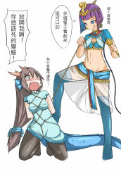 Rule 34 | 2girls, animal ears, arms behind back, bad id, bad pixiv id, bdsm, blue eyes, bondage, bound, breasts, brown hair, chinese text, cleopatra, cleopatra (p&amp;d), denis053, dragon ears, dragon girl, dragon horns, dragon tail, egyptian, egyptian clothes, femdom, full body, groin, horns, jewelry, karin (p&amp;d), kneeling, licking lips, lots of jewelry, midriff, multiple girls, navel, pantyhose, purple hair, puzzle &amp; dragons, rope, shibari, shibari over clothes, simple background, small breasts, smile, standing, statue, tail, tiara, tongue, tongue out, white background, yuri, zuo wei er