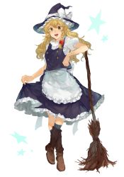Rule 34 | 1girl, :d, apron, black skirt, black vest, blonde hair, boots, bow, braid, broom, brown footwear, buttons, commentary, crossed ankles, double-breasted, frilled apron, frills, full body, hair bow, hat, hat bow, highres, kirisame marisa, knee boots, kneehighs, long hair, looking at viewer, open mouth, puffy short sleeves, puffy sleeves, red bow, shidaccc, shirt, short sleeves, side braid, simple background, single braid, skirt, skirt hold, skirt set, smile, socks, solo, standing, star (symbol), starry background, striped clothes, striped socks, touhou, vertical-striped clothes, vertical-striped socks, vest, waist apron, wavy hair, white apron, white background, white bow, white shirt, witch hat, yellow eyes
