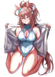 Rule 34 | 1girl, absurdres, adapted costume, animal ears, blue eyes, breasts, brown hair, casual one-piece swimsuit, cleavage, cleavage cutout, clothing cutout, commentary request, eve on k, full body, hairband, highres, horse ears, horse girl, horse tail, jacket, large breasts, long hair, looking at viewer, mihono bourbon (umamusume), one-piece swimsuit, open clothes, open jacket, ponytail, simple background, sitting, solo, swimsuit, tail, umamusume, wariza, white background, white jacket, white one-piece swimsuit