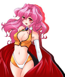 Rule 34 | 1girl, armpits, bad id, bad pixiv id, bakuretsu hunters, blush, breasts, cape, cleavage, crop top, dominatrix, female focus, gloves, large breasts, long hair, mi (959351), midriff, navel, pink hair, red eyes, simple background, smile, solo, tira misu, white background, white gloves