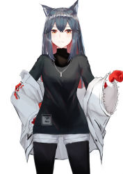 Rule 34 | 1girl, animal ears, arknights, black hair, black pantyhose, black shirt, coat, cowboy shot, gloves, hand on own hip, highres, jewelry, pantyhose under shorts, liangfen, long hair, long sleeves, looking at viewer, multicolored hair, necklace, off shoulder, pantyhose, red gloves, red hair, shirt, short shorts, shorts, solo, standing, texas (arknights), two-tone hair, white background, white coat, white shorts, wolf ears