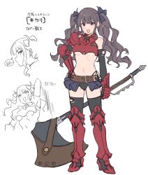 Rule 34 | 1girl, alternate costume, alternate eye color, alternate hair color, alternate hair length, alternate hairstyle, alternate universe, arm up, armor, axe, belt, black bow, black gloves, black panties, black skirt, black thighhighs, blush, bow, breastplate, breasts, brown belt, brown hair, cevio, character name, character sheet, cropped torso, earrings, elbow gloves, fang, fantasy, gauntlets, gloves, gorget, greaves, hair bow, hand on own hip, highleg, highleg panties, highres, holding, holding axe, jewelry, long hair, looking at viewer, medium breasts, microskirt, mole, mole under eye, motion lines, multiple hair bows, multiple views, natsuki karin, navel, open mouth, panties, partially colored, pauldrons, red eyes, revealing clothes, ribs, sheath, sheathed, shoulder armor, showgirl skirt, single bare shoulder, single pauldron, skirt, standing, stomach, stud earrings, synthesizer v, teshima nari, thighhighs, torn clothes, torn gloves, torn thighhighs, translated, twintails, underboob, underwear, v-shaped eyebrows, wavy hair