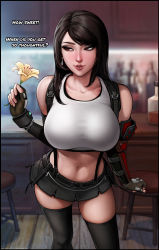 Rule 34 | 1girl, absurdres, alcohol, aroma sensei, bar (place), bar stool, bare shoulders, belt, black belt, black hair, black skirt, black thighhighs, blurry, blurry background, bottle, bracer, breasts, collarbone, counter, crop top, earrings, english text, final fantasy, final fantasy vii, final fantasy vii remake, fingerless gloves, flower, gloves, hand up, highres, holding, holding flower, jewelry, large breasts, lips, long hair, looking at object, looking to the side, materia, midriff, miniskirt, navel, parted lips, pleated skirt, red eyes, single earring, skirt, solo, square enix, stomach, stool, straight hair, suspender skirt, suspenders, swept bangs, tank top, thighhighs, tifa lockhart, white tank top, wooden floor, zettai ryouiki