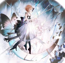 Rule 34 | 1girl, bai qi-qsr, blonde hair, bug, butterfly, cave, chain, copyright request, crystal, dress, floating, full body, highres, insect, looking down, moon, rock, see-through, see-through skirt, skirt, solo, wedding dress