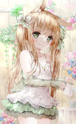 Rule 34 | 1girl, animal ear fluff, animal ears, bow, breasts, closed mouth, collarbone, cowboy shot, dress, flower, frilled dress, frills, green dress, green eyes, hair bow, hair over shoulder, highres, holding, holding teapot, light brown hair, long hair, looking at viewer, moco ofuton, original, rabbit ears, rabbit girl, sidelocks, smile, solo, spaghetti strap, standing, teapot, thighs, twintails, very long hair, white dress