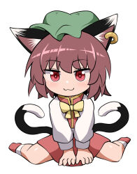 Rule 34 | 1girl, :3, animal ears, brown hair, cat ears, cat tail, chen, chups, closed mouth, earrings, full body, green hat, hair between eyes, hat, highres, jewelry, long sleeves, mob cap, multiple tails, red eyes, red footwear, red skirt, red vest, shirt, shoes, short hair, simple background, single earring, sitting, skirt, smile, socks, solo, tail, touhou, two tails, vest, wariza, white background, white shirt, white socks