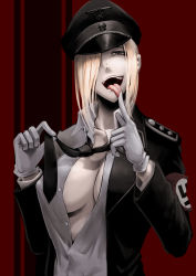 Rule 34 | 1girl, armband, black necktie, blonde hair, buttons, collarbone, dress shirt, gloves, grey eyes, hair over one eye, hat, hetza (hellshock), holding, jacket, licking, licking hand, long hair, long sleeves, looking at viewer, military, military uniform, nazi, necktie, no bra, open mouth, original, pale skin, peaked cap, shirt, skull, solo, swastika, tongue, tongue out, totenkopf, uniform, white gloves