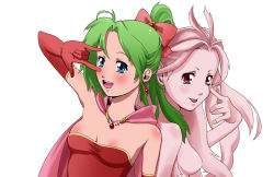 Rule 34 | 1990s (style), 1girl, blue eyes, blush, body blush, breasts, cape, colored skin, earrings, female focus, final fantasy, final fantasy vi, gloves, green hair, jewelry, long hair, multiple views, nail polish, open mouth, pink hair, pink skin, ponytail, red eyes, red ribbon, retro artstyle, ribbon, sarapowa, simple background, tina branford, trance terra branford, upper body, white background
