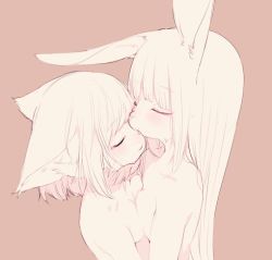 Rule 34 | 2girls, animal ears, breast press, breasts, cat ears, closed eyes, face-to-face, furry, furry female, furry with furry, kishibe, kiss, kissing nose, long hair, monochrome, multiple girls, nude, original, rabbit ears, rabbit girl, short hair, small breasts, symmetrical docking, upper body, yuri