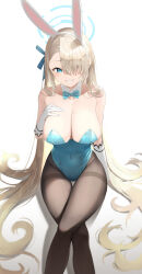 Rule 34 | 1girl, absurdres, animal ears, asuna (blue archive), asuna (bunny) (blue archive), asymmetrical bangs, bare shoulders, blue archive, blue bow, blue bowtie, blue eyes, blue leotard, bow, bowtie, breast suppress, breasts, cleavage, collarbone, covered navel, crossed legs, detached collar, elbow gloves, fake animal ears, from above, gloves, grin, hair over one eye, hair ribbon, halo, hand on own chest, highleg, highleg leotard, highres, large breasts, leotard, light brown hair, long hair, looking at viewer, mole, mole on breast, official alternate costume, pantyhose, playboy bunny, rabbit ears, ribbon, simple background, sitting, smile, strapless, strapless leotard, thigh gap, thighband pantyhose, three twosix, traditional bowtie, very long hair, white background, white gloves