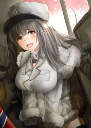 Rule 34 | 1girl, absurdres, azur lane, black gloves, blush, breasts, coat, fur-trimmed coat, fur hat, fur trim, gloves, grey hair, hat, highres, large breasts, long hair, looking at viewer, open mouth, pamiat merkuria (azur lane), papakha, red eyes, simple background, smile, solo, umber00, upper body, white coat, white hat