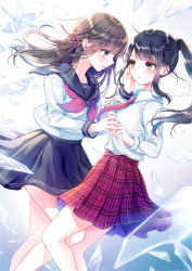 Rule 34 | 2girls, black hair, black sailor collar, black skirt, blouse, blush, broken glass, brown eyes, brown hair, closed mouth, collared shirt, commentary request, eye contact, floating hair, from side, glass, glass shards, hair ribbon, hand on another&#039;s face, highres, holding another&#039;s wrist, kashiwabara en, long hair, long sleeves, looking at another, multiple girls, neckerchief, necktie, original, parted lips, pink ribbon, plaid, plaid skirt, pleated skirt, ponytail, profile, purple eyes, red neckwear, red skirt, ribbon, sailor collar, school uniform, serafuku, shirt, sidelocks, skirt, smile, very long hair, white shirt, yuri